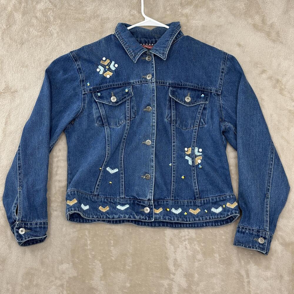 Agapo Jacket Womens Large Blue Denim Beaded Embroidered Southwestern Button